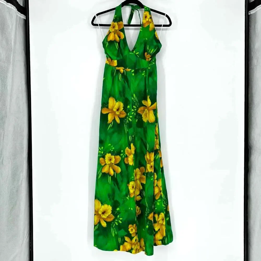 Vintage 70s Green & Yellow Hawaiian Print Halter Maxi Dress - Size S - Picture 1 of 9